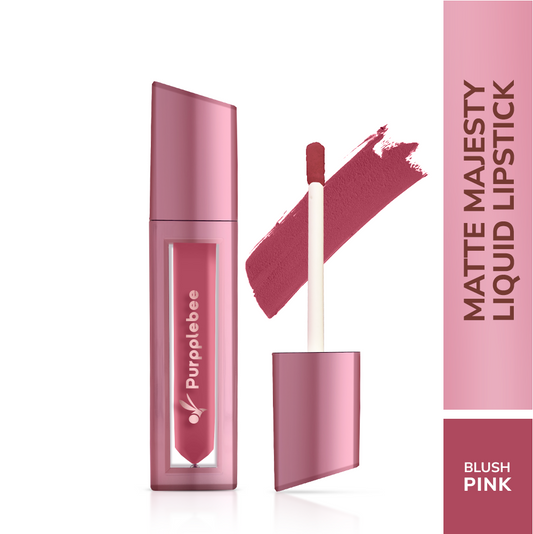 Soft pink matte lipstick offers 12-hour fade-proof color; quick-dry, non-sticky texture with vitamin E protects sensitive lips during everyday selfies.| Purpplebee